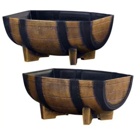 2pk Rectangular Plastic Plant Pot Flower Pot Barrel Garden Planter Tub Wooden Effect