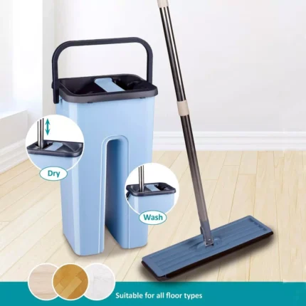 360° FLAT MOP BUCKET SET SQUEEZE DRY MICROFIBRE FLOOR MOP CLEANER 2 REFILL PADS
