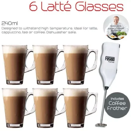 6 X Latte Coffee Glasses and Cappuccino Frother Lattes Tea Glass Cups Mugs Set