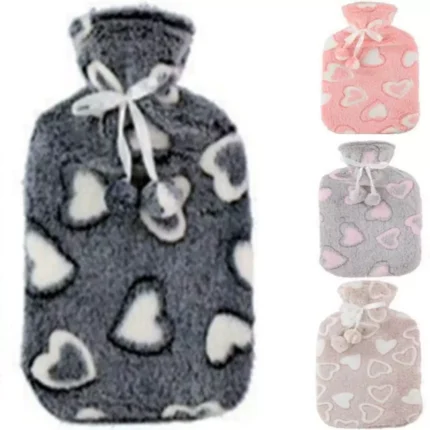 Large 2L Natural Rubber Hot Water Bottle With Warm Faux Fur Fleece Pompom Cover